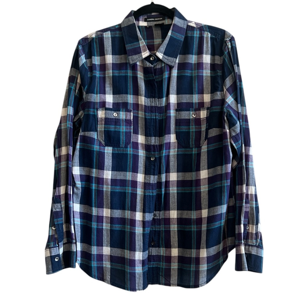 100% Cotton Sandra Ingrish Women's Blue and Purple Plaid Button Down Shirt XL